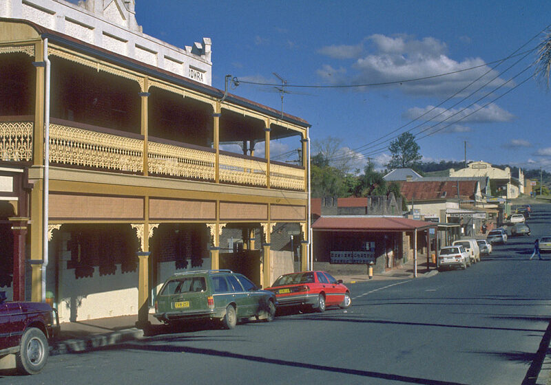 The main street of Bowraville with the Bowra Hotel in the foreground.